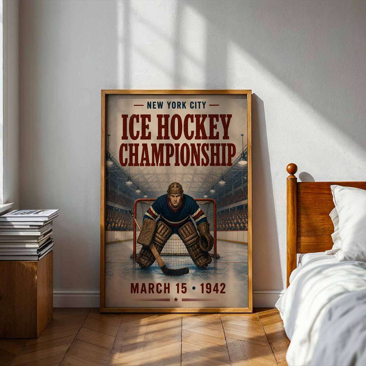Artistic view of Old Hockey showing puck movement with a dramatic arena atmosphere for game room decor with English typography