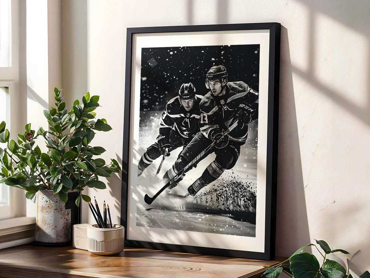 Vintage team logo beside a worn wooden hockey stick on a muted background suggesting heritage and sport culture