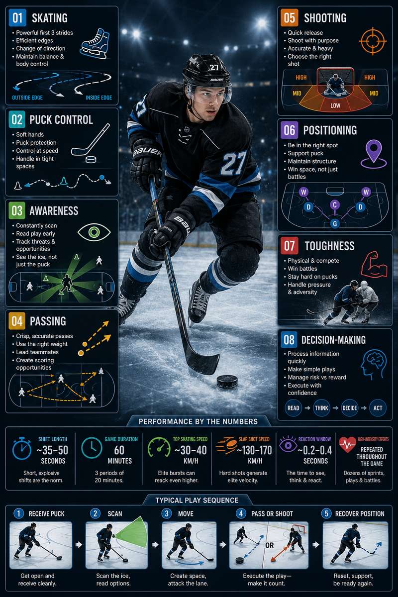 Player executing tight stickhandling moves around defenders in the offensive zone