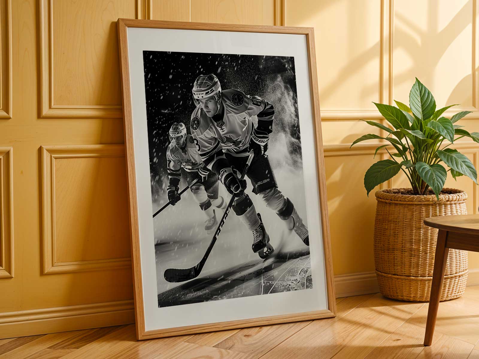 Goaltender in a wide stance beneath a single overhead spotlight, the net receding into shadow to create theatrical depth