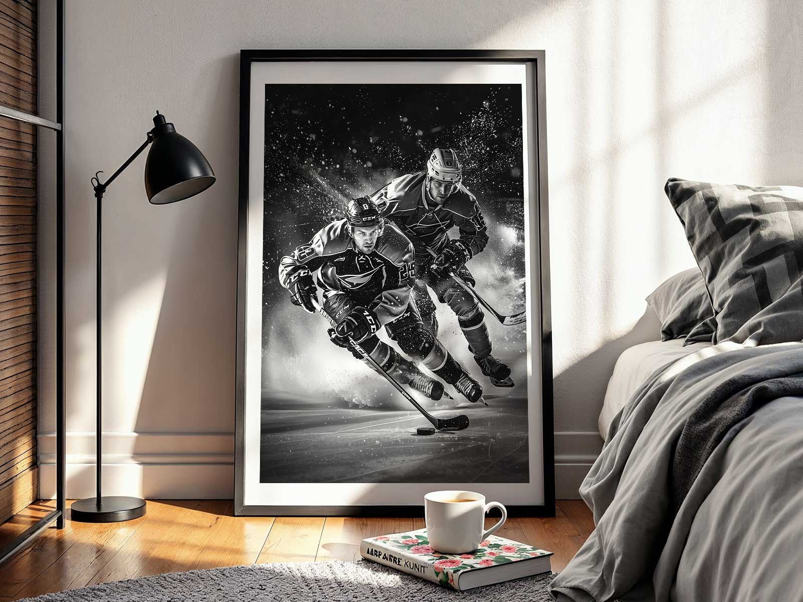 Still-life poster arrangement of wooden hockey sticks and leather pucks on a weathered bench